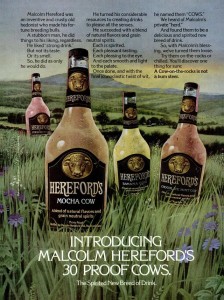 Photo of 1976 ad for Hereford's 30 Proof Cow Spirits, aka the Banana Cow